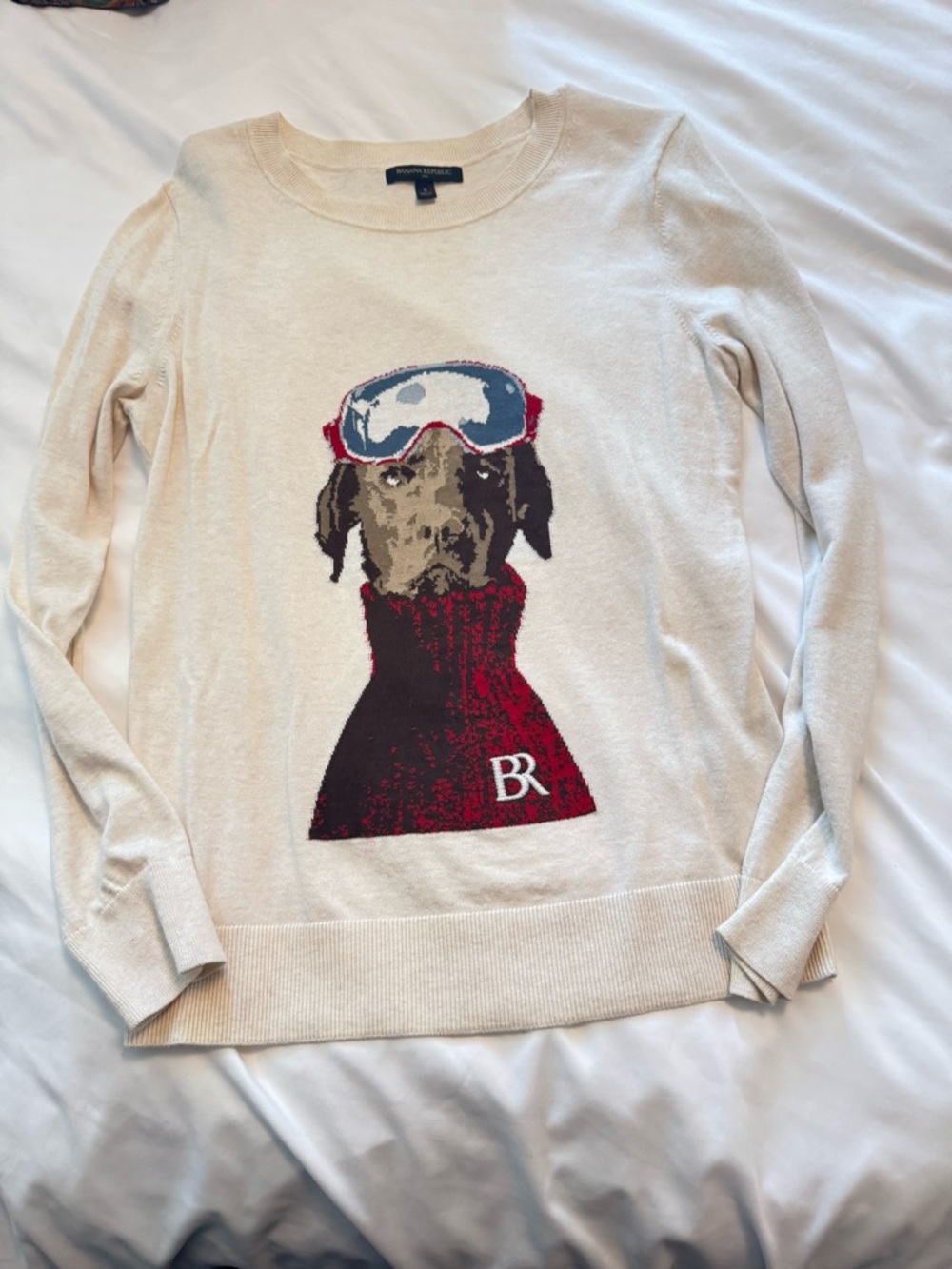 Banana Republic Cream Sweater with Dog Graphic and Red Accent